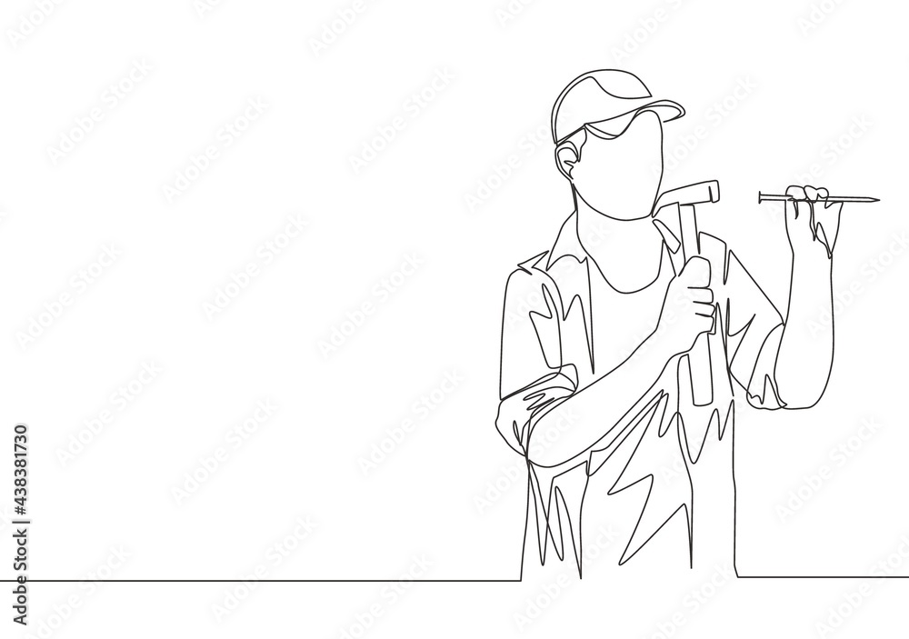 Poster Single continuous line drawing of young attractive male handyman nailing wall with a hammer. Home renovation service concept one line draw design illustration