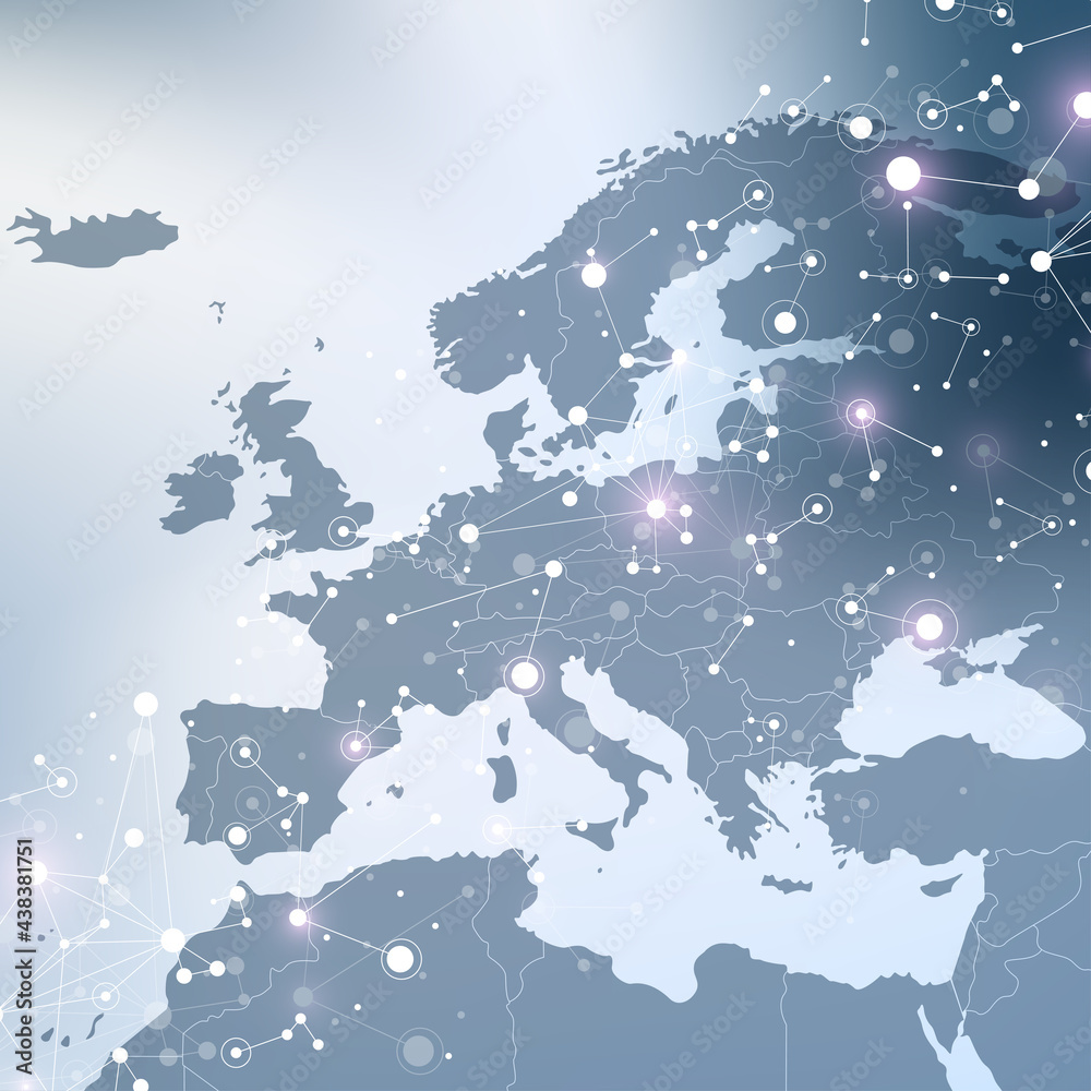 Aufkleber Geometric graphic background communication with Europe Map. Big data complex with compounds. Perspective minimal array. Digital data visualization. Scientific cybernetic illustration.