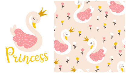 Swan princess composition with tulip flowers seamless pattern. Vector fairy tale cute illustration in hand-drawn scandinavian cartoon style. The pastel palette is ideal for baby clothes, textiles.