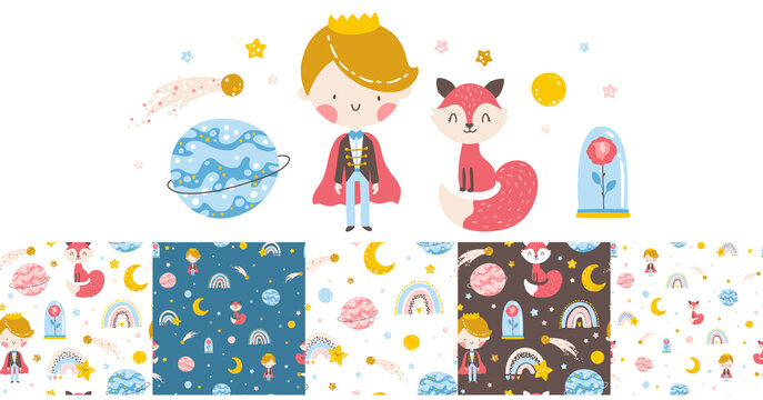 Little prince set with seamless pattern. Fox, rose, planets and stars. Vector illustration in simple hand-drawn cartoon style. The pastel palette is ideal for printing baby clothes.