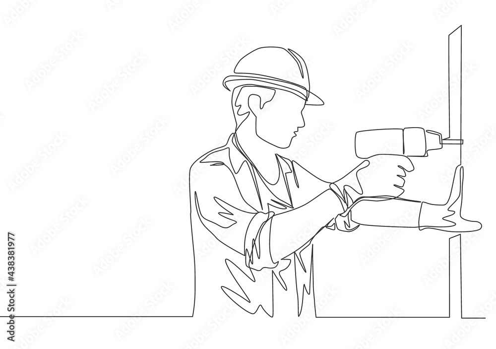 Wall mural one continuous line drawing of young handsome handyman drilling wooden wall using drill machine. hou