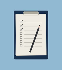 Vector illustration of blue clipboard paper with a checklist, and pencil, isolated on blue. Hand-drawn set in flat style. Concept of planning, goals, to-do list, completion of tasks. Stationery.