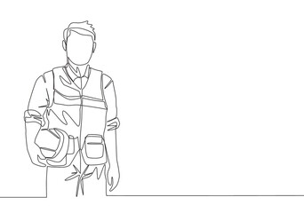 One continuous line drawing of young handsome architect wearing construction uniform and vest while holding helmet. Home renovation service concept single line draw design illustration