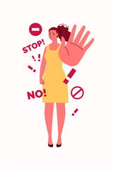 A confident woman says no firmly. Hand gesture "Stop". The concept of personal boundaries and the right of women to be protected from violence. Vector flat cartoon illustration.