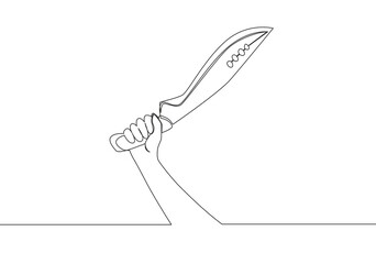 Single continuous line drawing of man holding traditional machete blade. One line draw vector design illustration
