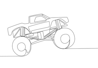 Single line drawing of 4x4 wheel steering monster truck car for competition and tournament. Adventure offroad vehicle transportation concept. One continuous line draw design
