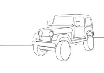 Single line drawing of 4x4 speed wrangler jeep car. Offroad adventure rally vehicle transportation concept. One continuous line draw design