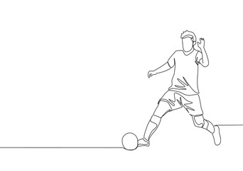 One single line drawing of young energetic football player win the ball and dribbling it to the opponent's area. Soccer match sports concept. Continuous line draw design vector illustration