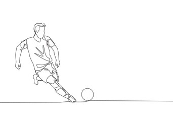 One single line drawing of young energetic football player dribbling the ball and ready to shot to the goal. Soccer match sports concept. Continuous line draw design vector illustration © Simple Line