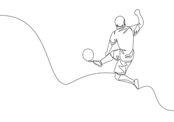 One continuous line drawing of young energetic football attacker kicking the ball really hard to the goal. Soccer match sports concept. Single line draw design vector illustration