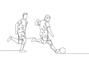 Fototapeta na wymiar One continuous line drawing of young energetic football player kicking the ball to pass to his teammates. Soccer match sports concept. Single line draw design vector illustration