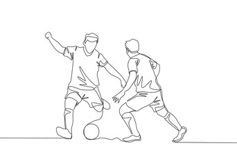 One continuous line drawing of young energetic football striker dribbling ball pass the opponent defender. Soccer match sports concept. Single line draw design vector illustration - obrazy, fototapety, plakaty