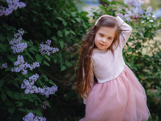 a little girl in a pink dress walking in a lilac garden - 438383597