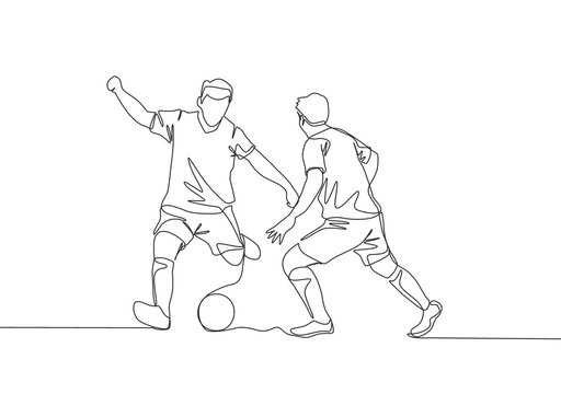 One continuous line drawing of young energetic football striker dribbling ball pass the opponent defender. Soccer match sports concept. Single line draw design vector illustration