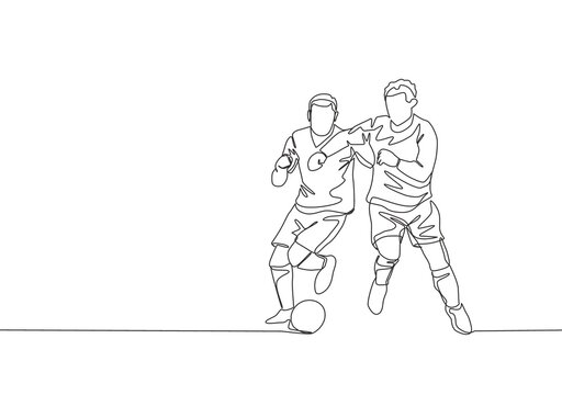 Single continuous line drawing of young energetic football player elbow opponent player while fighting for the ball. Soccer match sports concept. One line draw design vector illustration
