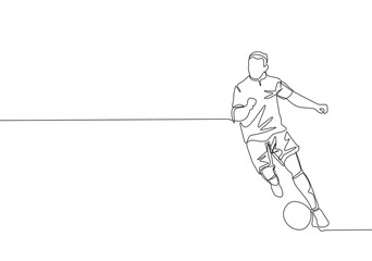 One single line drawing of young talented football midfielder dribbling a ball to the opponents area. Soccer match sports concept. Continuous line draw design vector illustration