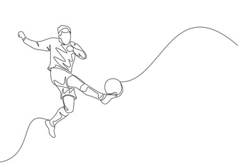 One single line drawing of young talented football player win the ball and shot the first time technique kick. Soccer match sports concept. Continuous line draw design vector illustration - obrazy, fototapety, plakaty