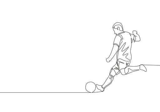 One single line drawing of young energetic football striker take a free kick shoot at the game. Soccer match sports concept. Continuous line draw design vector illustration