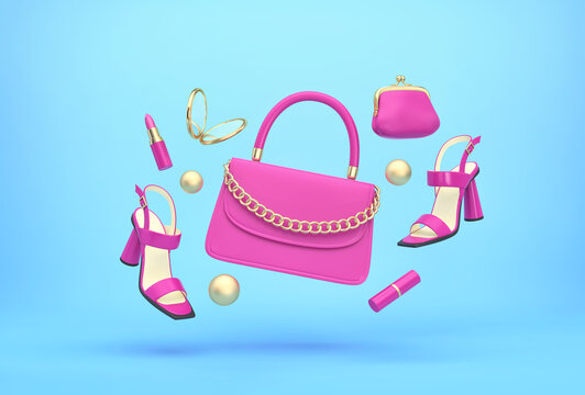 Women's handbag, shoes, purse, lipstick, mirror flying over blue background
