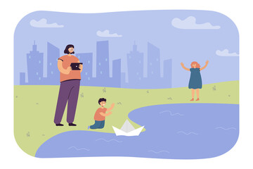 Little boy launching paper boat on lake. Sister filming child on tablet, happy girl cheering for brother flat vector illustration. Family, spring concept for banner, website design or landing web page