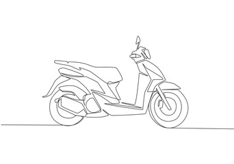 Single continuous line drawing of classic Asian underbone motorbike logo. Vintage scooter motorcycle concept. One line draw design vector illustration