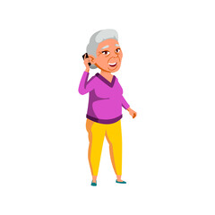 elderly chinese lady speaking with son on cellphone cartoon vector. elderly chinese lady speaking with son on cellphone character. isolated flat cartoon illustration