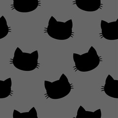 Cute cat head wallpaper, black and gray - funny vector drawing seamless pattern. Lettering poster or t-shirt textile graphic design. Cute illustration. wallpaper, wrapping paper.