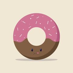Cartoon flat style colourful vector donut with happy face licking himself isolated on beige background. Cartoon character in doodle stile. Vector illustration