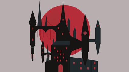Gothic castle in front of a blood moon. Vector illustration.