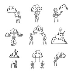 Cloud and people Doodle vector icon set. Drawing sketch illustration hand drawn line eps10