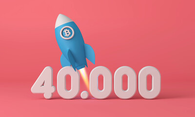 Bitcoin cryptocurrency rocket taking off to 40,000 price point. 3D Rendering