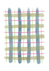 Watercolor green, blue, pink and yellow checkered pattern background texture.