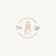 Hand drawn line art bohemian vector logo design template. Boho style illustration of elegant signs and badges for beauty, natural cosmetics, creative agency, spa and wellness, fashion, wedding.