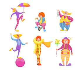 Set of cute circus clowns characters. Cartoon vector illustration. Funny jokers doing tricks and making people laugh at carnival. Holiday, festival, event, circus, creativity concept for banner design