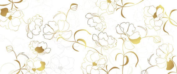 Behang Golden Wild Flowers line art background vector. Luxury abstract art background with artificial flowers, Gold leaves, eucalyptus, trending hydrangea and summer blooms. Botanical wedding wallpaper.  © TWINS DESIGN STUDIO