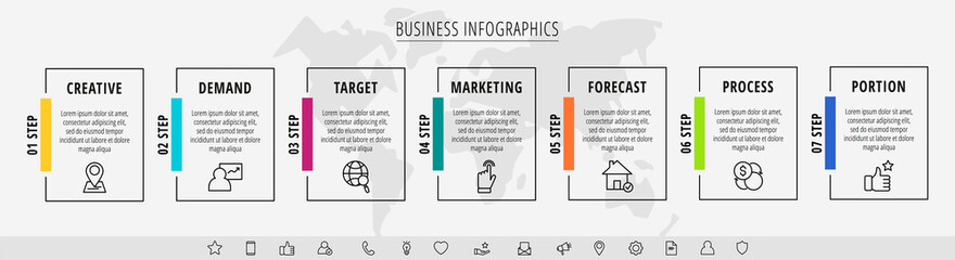 Infographic rectangles with icons. Vector business concept of seven steps by step, options, squares. Template with 7 ways for diagram, web, banner, presentations, flowchart, content, levels, chart