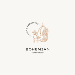 Obraz premium Hand drawn line art bohemian vector logo design template. Boho style illustration of elegant signs and badges for beauty, natural cosmetics, creative agency, spa and wellness, fashion, wedding.
