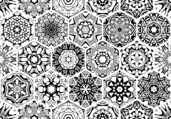 Luxury oriental hexagonal ceramic tiles with black and white intricate ornaments. Patchwork seamless pattern.