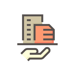 Housing estate or condominium and agent or realtor vector icon. That high building and people specialize in real estate, property, law to development, owned, sale, rent, buy, investment. 48x48 pixel.