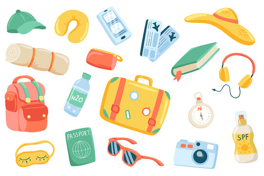 Travel accessory cute stickers isolated set. Collection of smartphone, ticket, book, headphones, suitcase, compass, sunscreen, camera, passport, backpack. Vector illustration in flat cartoon design