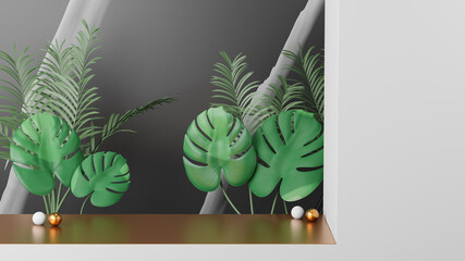 Gold stage on white wall with Monstera plant leaves with  on a black marble background. 3D illustration rendering image.
