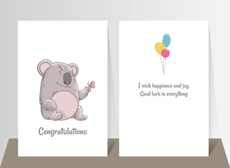 Cute koala with butterfly on finger. Hand drawn doodle poster template with airballs. Cute cartoon bear character