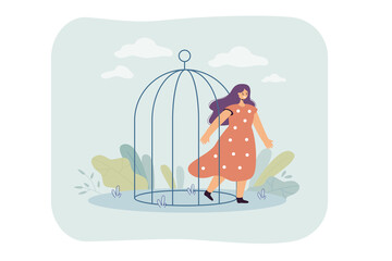 Happy woman leaving birdcage. Female cartoon coming out of cage, opening up flat vector illustration. Freedom, domestic violence, mental health concept for banner, website design or landing web page