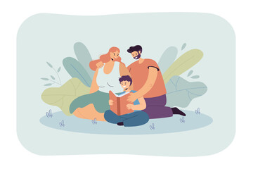 Family reading book together flat vector illustration. Father, mother and their son reading book. Parenthood, reading, hobby, family, literature concept for banner design or landing page