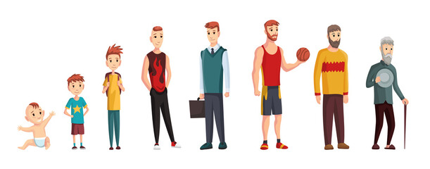 Male different ages. Newborn baby, teenage boy and student ages, adult man and old grandfather. Life cycle