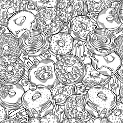Cartoon hand-drawn donuts seamless pattern. Black and white design for menu, cafe decoration, textile, wallpaper, fabric and delivery box glazed cover. Glazed bakery setting vector background