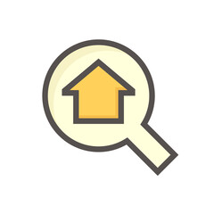 Search house vector icon. Consist of magnifying glass and people. That resident, agent or realtor to find real estate or property for development, owned, sale, rent, buy or investment. 48x48 pixel.