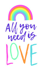 Vector Flat Illustration Rainbow and text. Cartoon Pride Colorful Drawing. LGBTQ Flag Support Icon and Quote