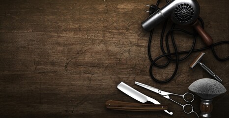 Vintage barber shop tools on wood background with place for text. 3d rendering - 438390918