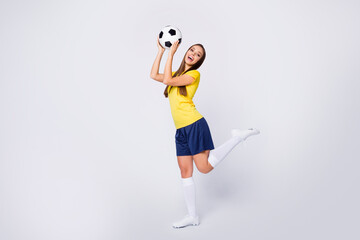 Full length body size view of her she nice beautiful attractive sportive cheerful straight-haired girl playing throwing ball having fun isolated over light white gray pastel color background